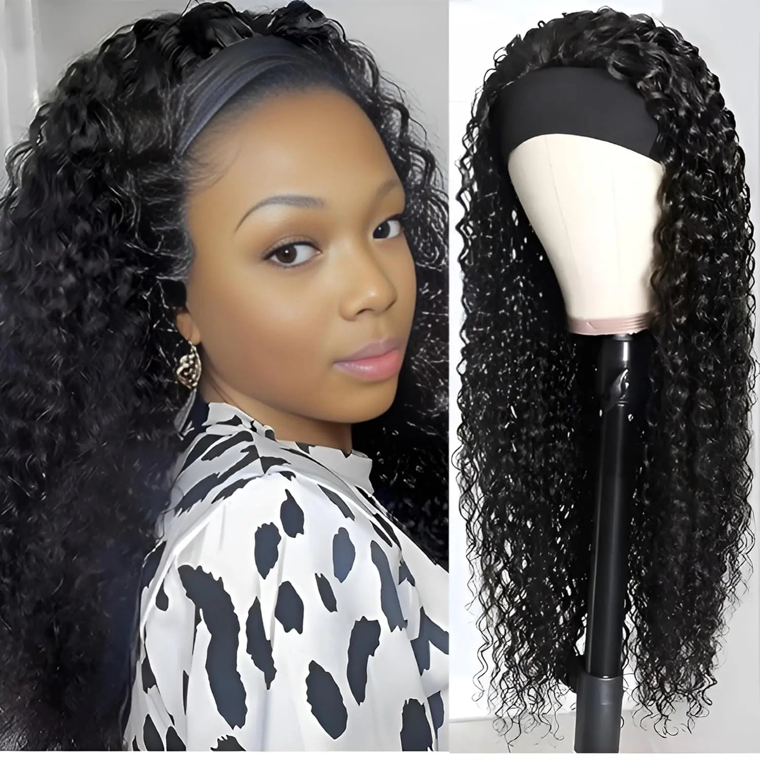 Kinky Curly Headband Human Hair Wig Glueless Wear and Go Headband Wig Human Hair Wig Deep Curly Human Hair Wig for Black Women